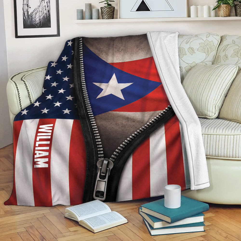 Puerto Rico flag blanket draped over a sofa with bold patriotic colors and star design