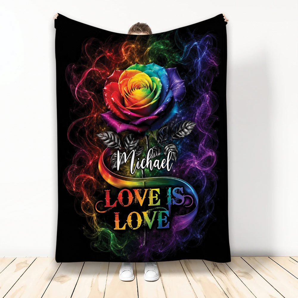 LGBT pride blanket with a vibrant rainbow rose, colorful smoke effects, and Love Is Love artwork