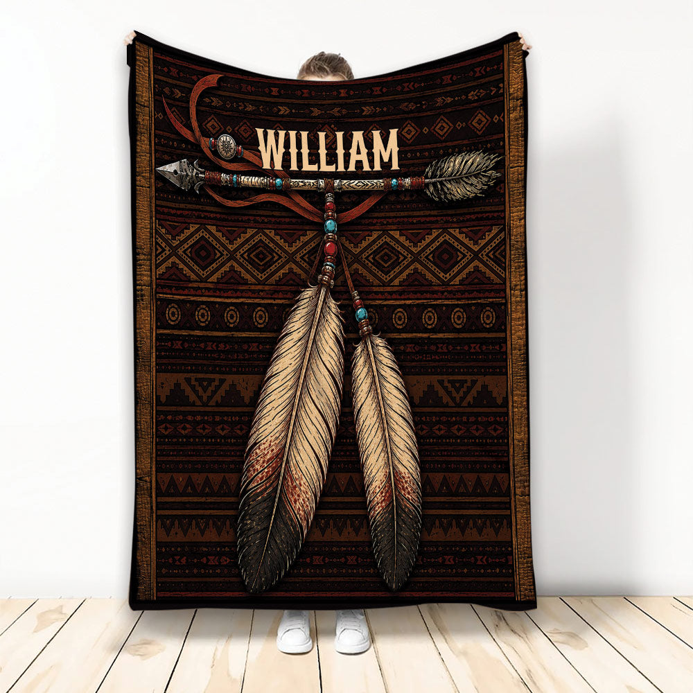 American Native throw blanket displayed with earthy geometric patterns, feathers, and arrow artwork