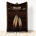 American Native throw blanket displayed with earthy geometric patterns, feathers, and arrow artwork