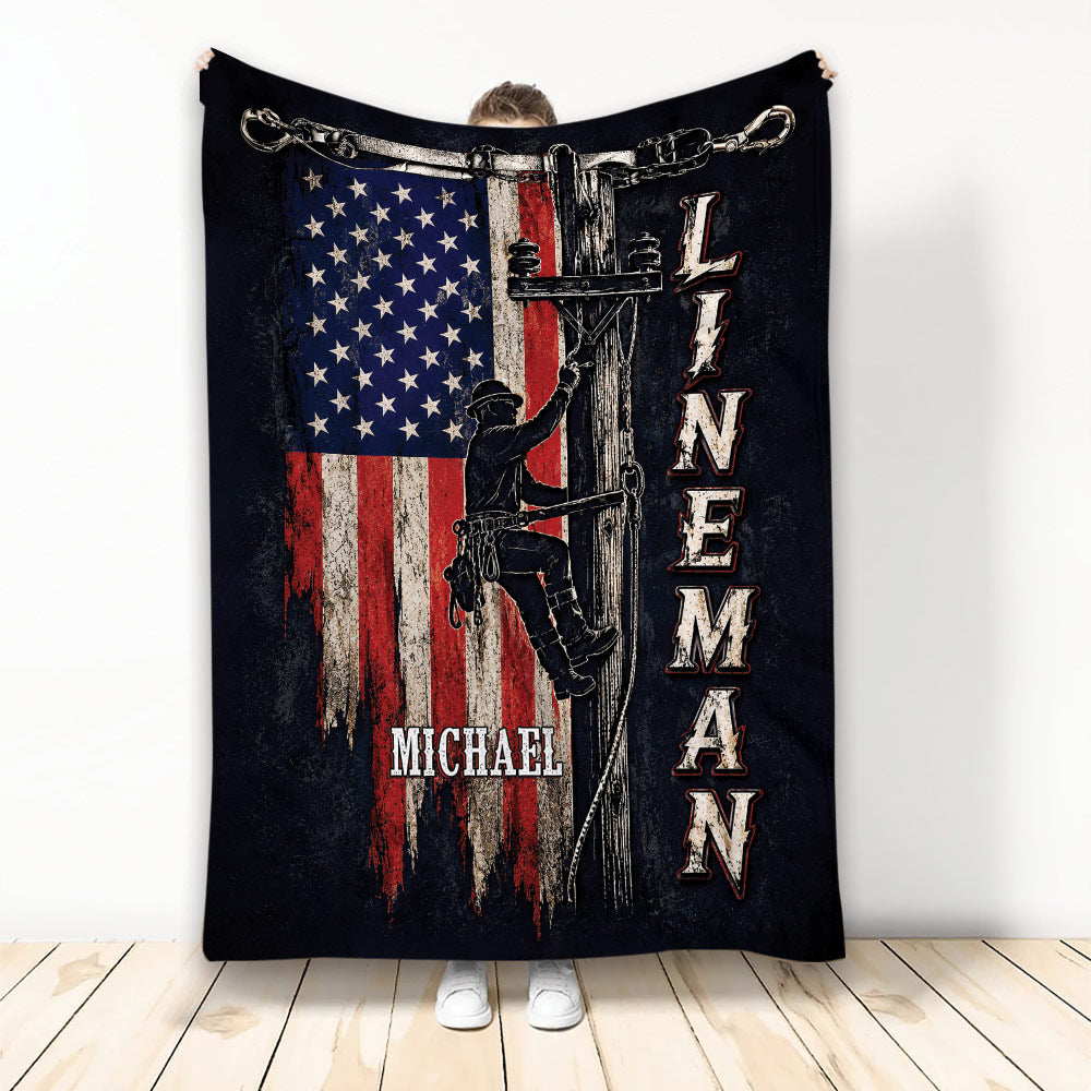 Patriotic lineman throw blanket with utility pole climber artwork and distressed American flag design