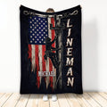 Patriotic lineman throw blanket with utility pole climber artwork and distressed American flag design