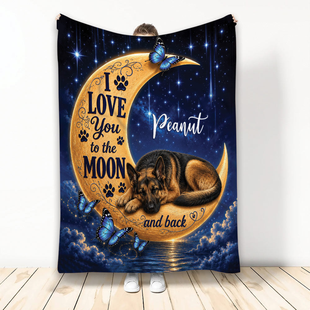 German Shepherd throw blanket with a sleeping dog on a golden moon under stars and blue butterflies