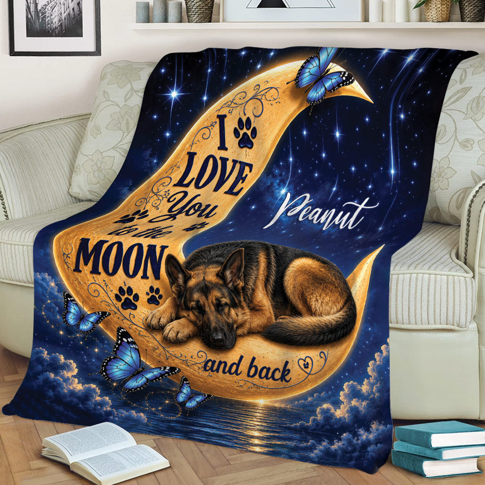 Moonlit German Shepherd throw blanket styled on a couch with paw prints, stars and butterfly details