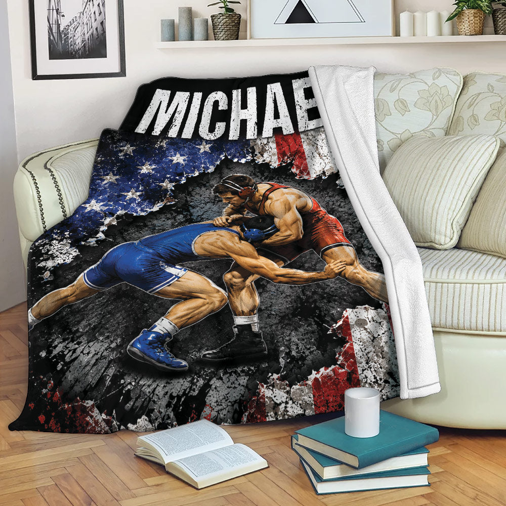 Wrestling blanket draped over a sofa, featuring grapplers and bold red, white, blue patriotic artwork