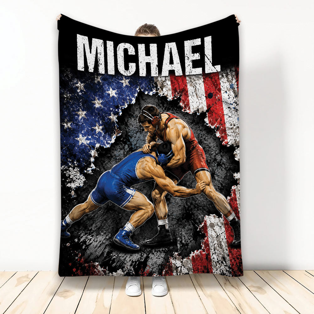 Wrestling throw blanket featuring two wrestlers in a red and blue match with distressed American flag artwork