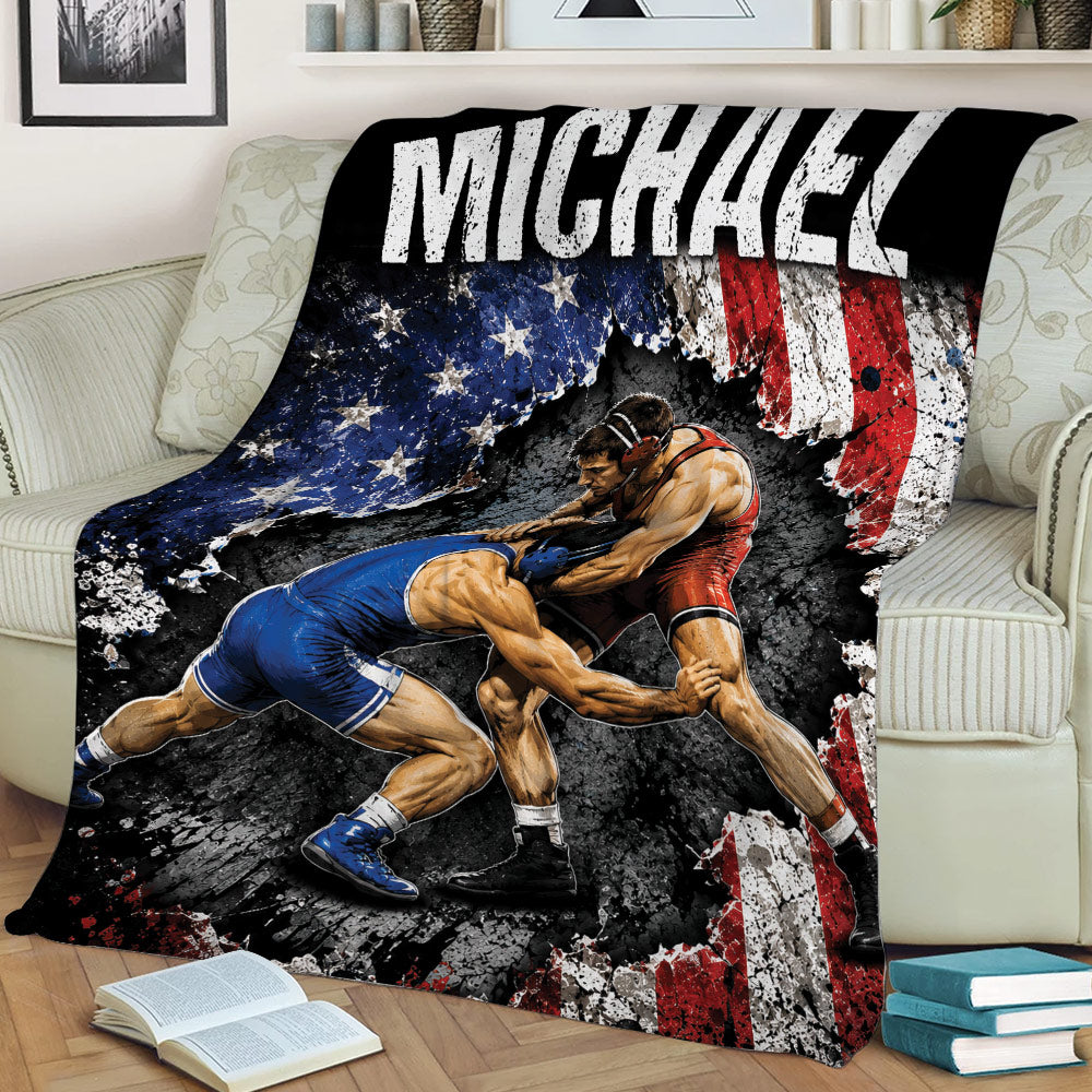 Patriotic wrestling throw blanket displayed on a sofa with two athletes in a dramatic grappling pose