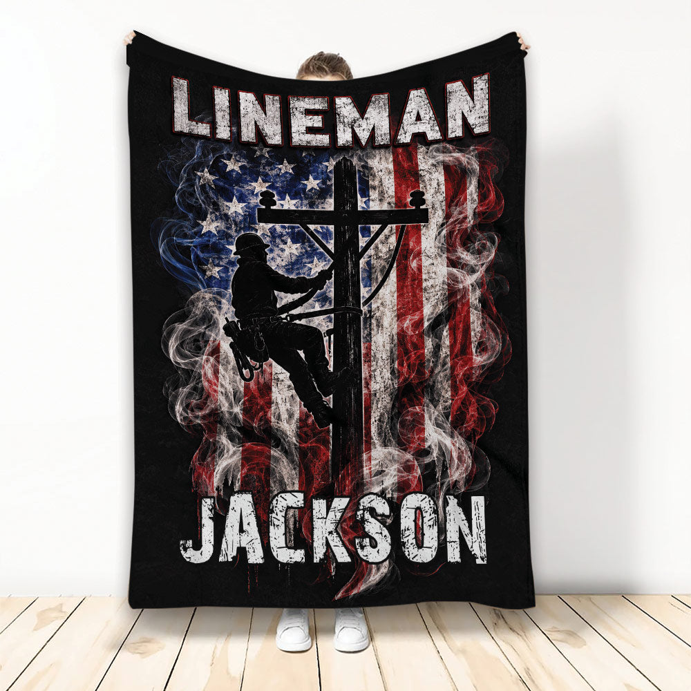 Lineman blanket with utility worker silhouette, distressed American flag artwork, and bold patriotic colors