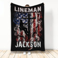 Lineman blanket with utility worker silhouette, distressed American flag artwork, and bold patriotic colors