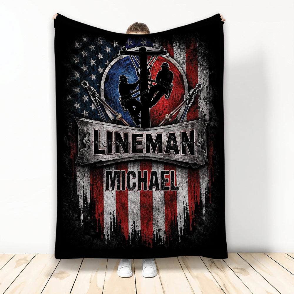 Lineman throw blanket featuring utility workers on a pole with distressed American flag artwork