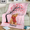 Pink Goldendoodle throw blanket featuring a heart-filled tree and cozy sofa setting