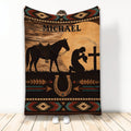 Cowboy throw blanket featuring a horse, kneeling western rider, horseshoe, and Southwestern geometric borders