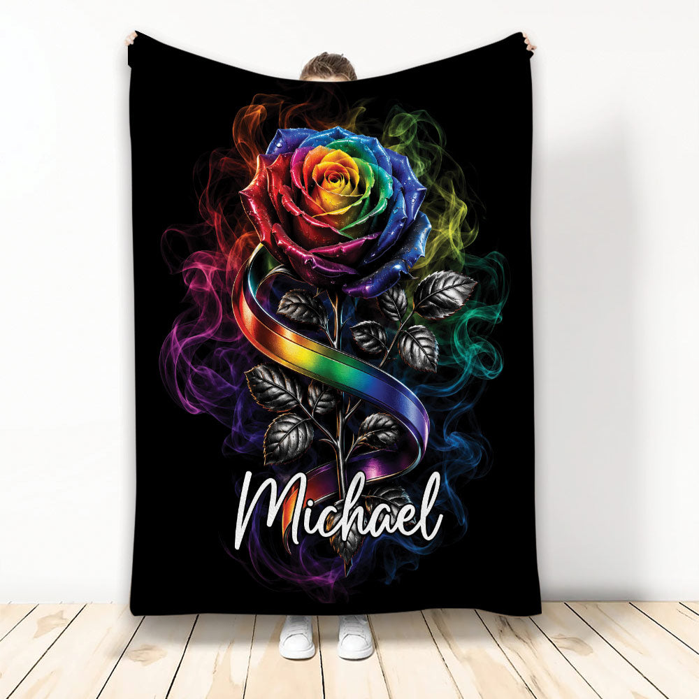 LGBT throw blanket featuring a colorful rainbow rose, pride ribbon, black background, and smoky rainbow accents