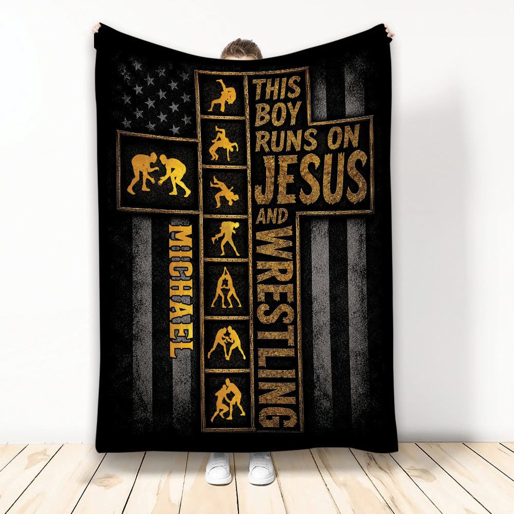 Black and gold wrestling blanket with grappling silhouettes, stars, and bold faith-inspired artwork