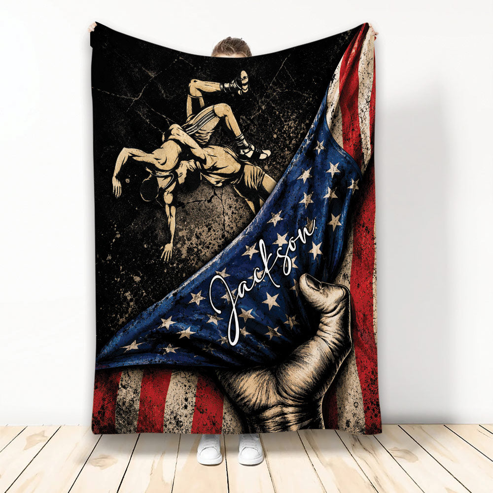 Wrestling throw blanket with vintage grappling artwork and patriotic red, white, and blue design