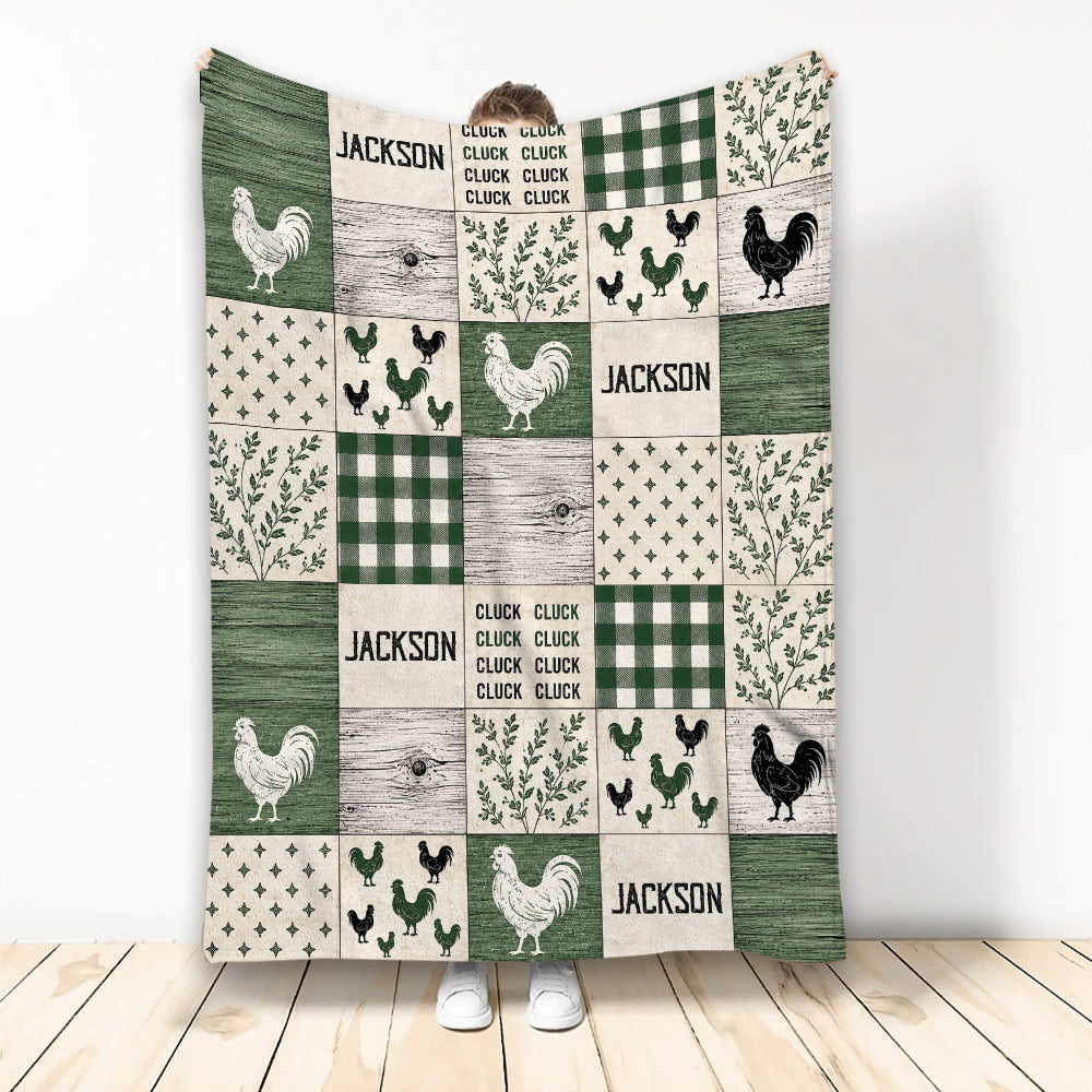 Rustic chicken throw blanket with roosters, green plaid, woodgrain panels, botanical accents, and farmhouse artwork