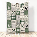 Rustic chicken throw blanket with roosters, green plaid, woodgrain panels, botanical accents, and farmhouse artwork