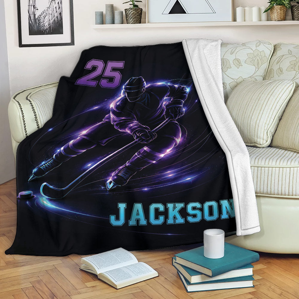 Custom hockey blanket displayed on a sofa with glowing purple and blue ice hockey artwork