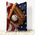 Baseball throw blanket featuring a leather glove, baseball, bat, and patriotic red, white, and blue artwork