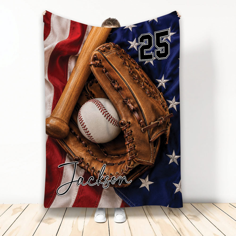 Baseball throw blanket featuring a leather glove, baseball, bat, and patriotic red, white, and blue artwork