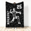 Baseball catcher throw blanket with black camouflage background and bold monochrome sports artwork