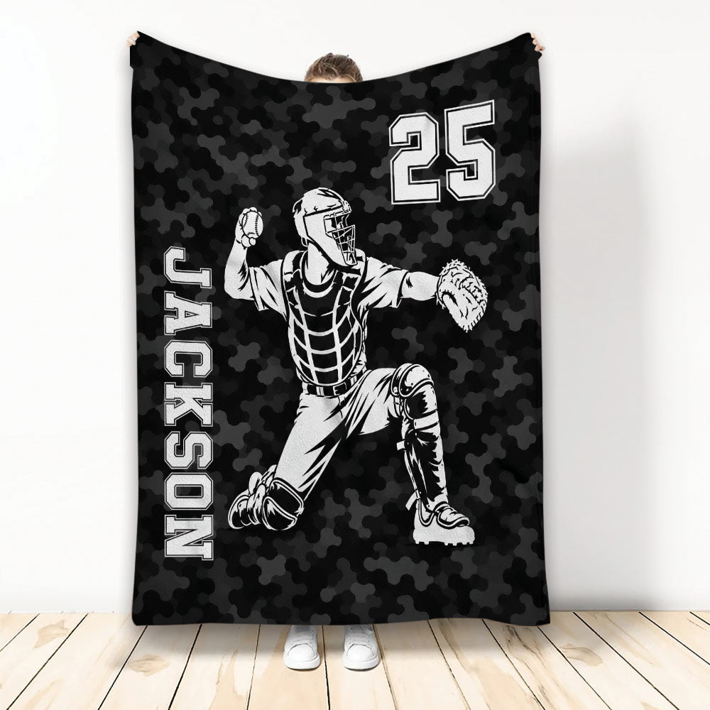 Baseball catcher throw blanket with black camouflage background and bold monochrome sports artwork