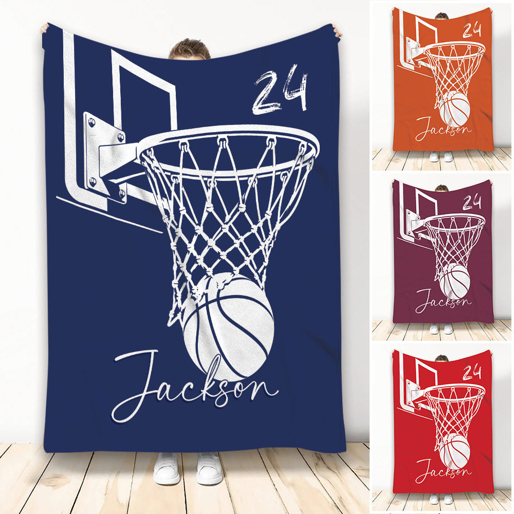Basketball throw blanket displayed upright with hoop artwork and several color variations