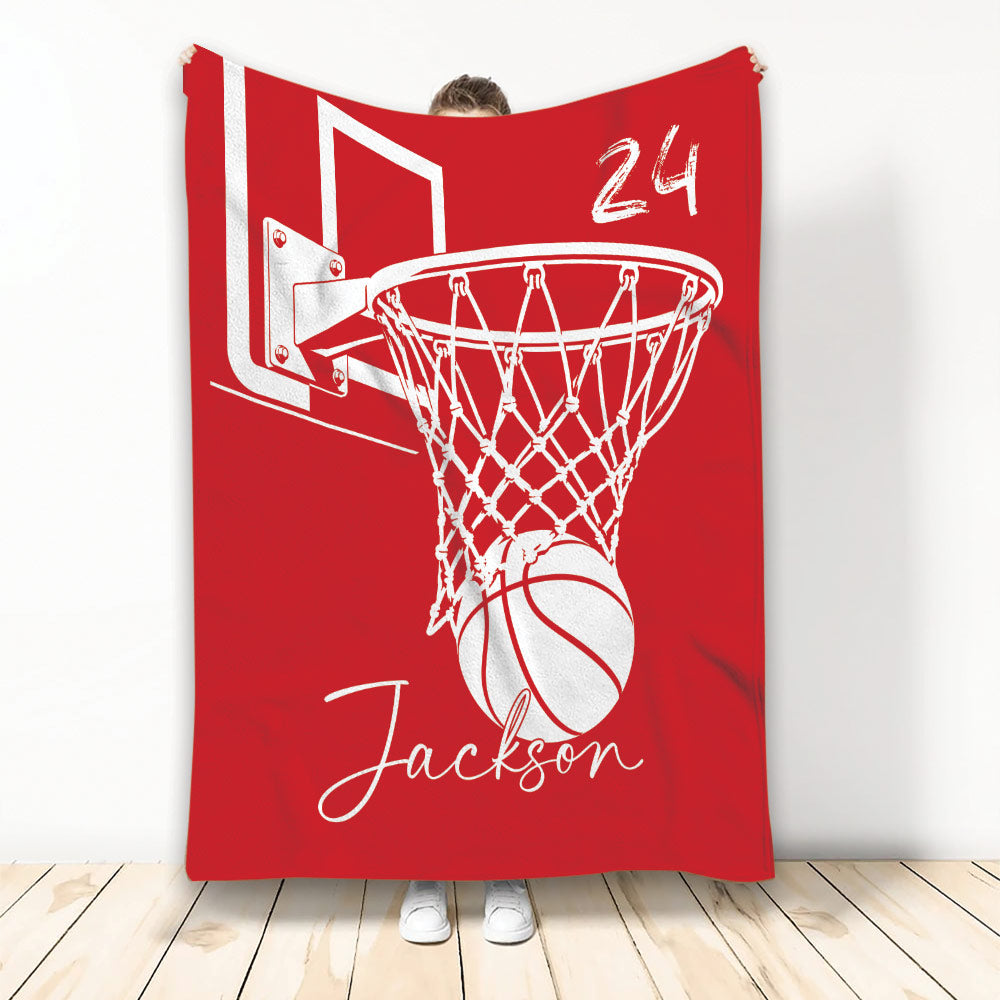 Red basketball throw blanket featuring a bold white hoop, net, and basketball graphic