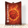 Fiery basketball blanket displayed vertically with bold sports artwork in red, orange, and black