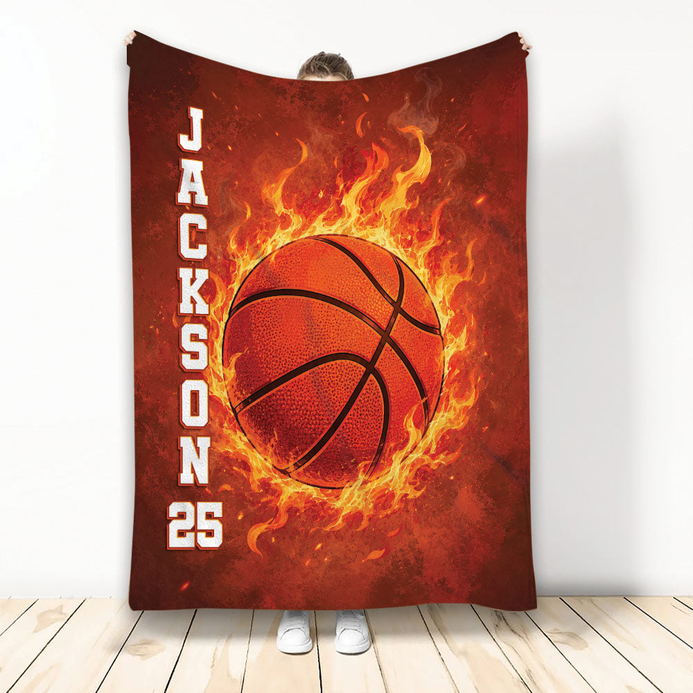 Fiery basketball blanket displayed vertically with bold sports artwork in red, orange, and black