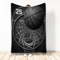 Basketball throw blanket featuring a dramatic close-up ball, hoop, net, and monochrome court artwork