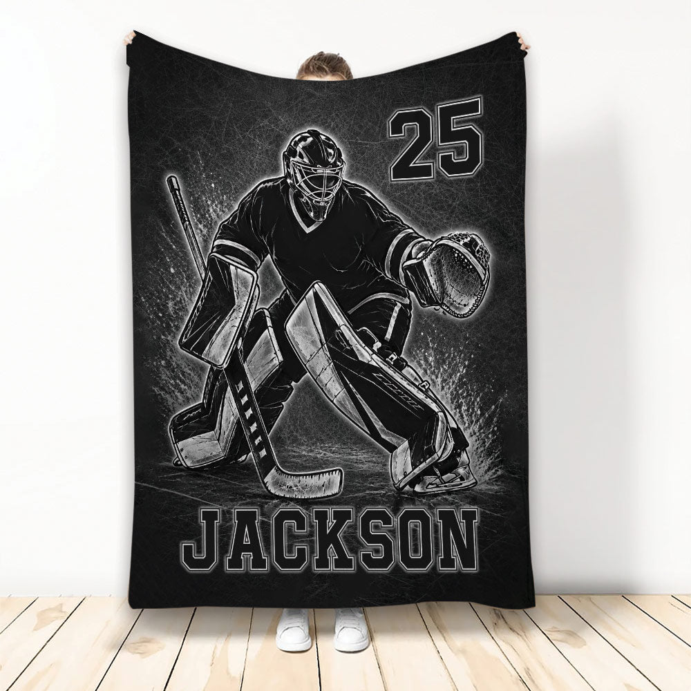 Custom hockey goalie blanket with dramatic black and white rink artwork