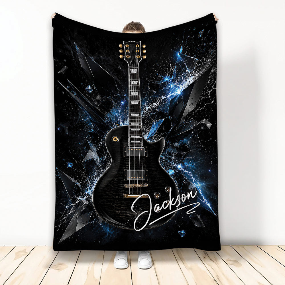 Black guitar throw blanket with electric blue lightning and shattered-glass artwork