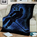 Hockey throw blanket displayed on a couch with dramatic blue ice-inspired artwork and player silhouette