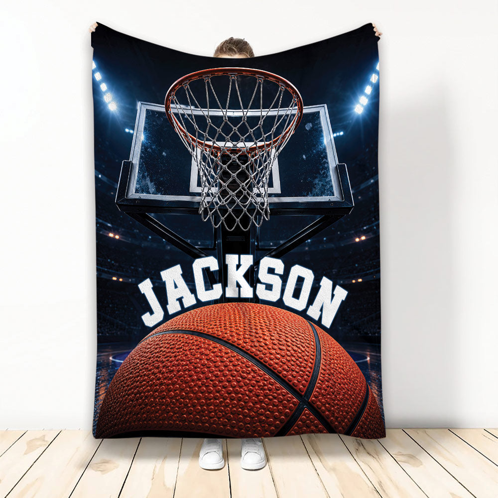 Basketball blanket displayed with a hoop, illuminated indoor court, and large basketball artwork