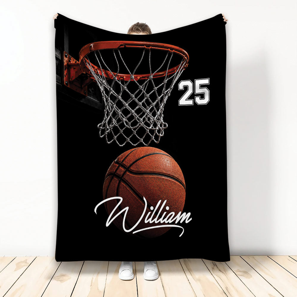 Black basketball blanket featuring a hoop, basketball, and bold sports artwork