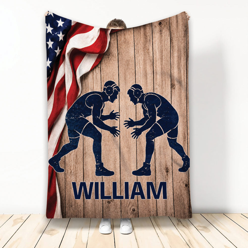 Wrestling throw blanket with two grapplers, rustic wood background, and American flag design