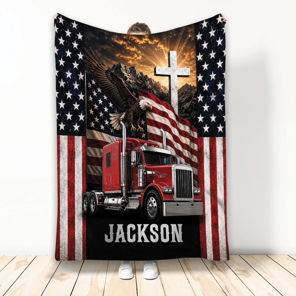 Patriotic trucker blanket displayed with a red semi truck, eagle, American flag, mountains, and cross