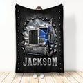 Trucker blanket featuring a blue semi truck bursting through a rugged black background
