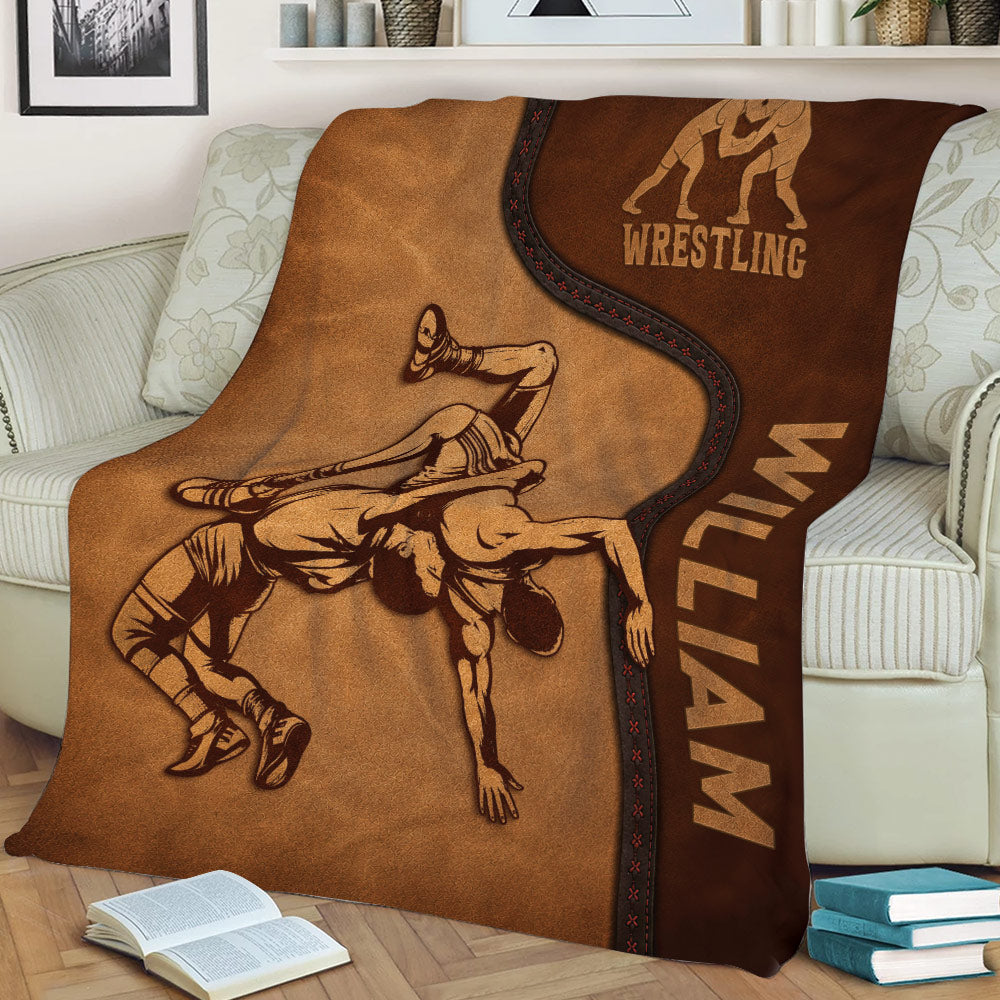 Close view of wrestling throw blanket artwork featuring two grapplers in action