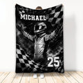 Custom racing blanket featuring a helmeted driver, dramatic black and white artwork, and checkered flags