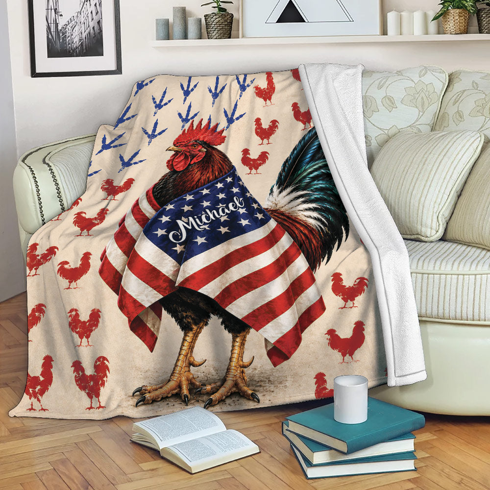 Rooster chicken blanket draped over a sofa with patriotic Americana artwork