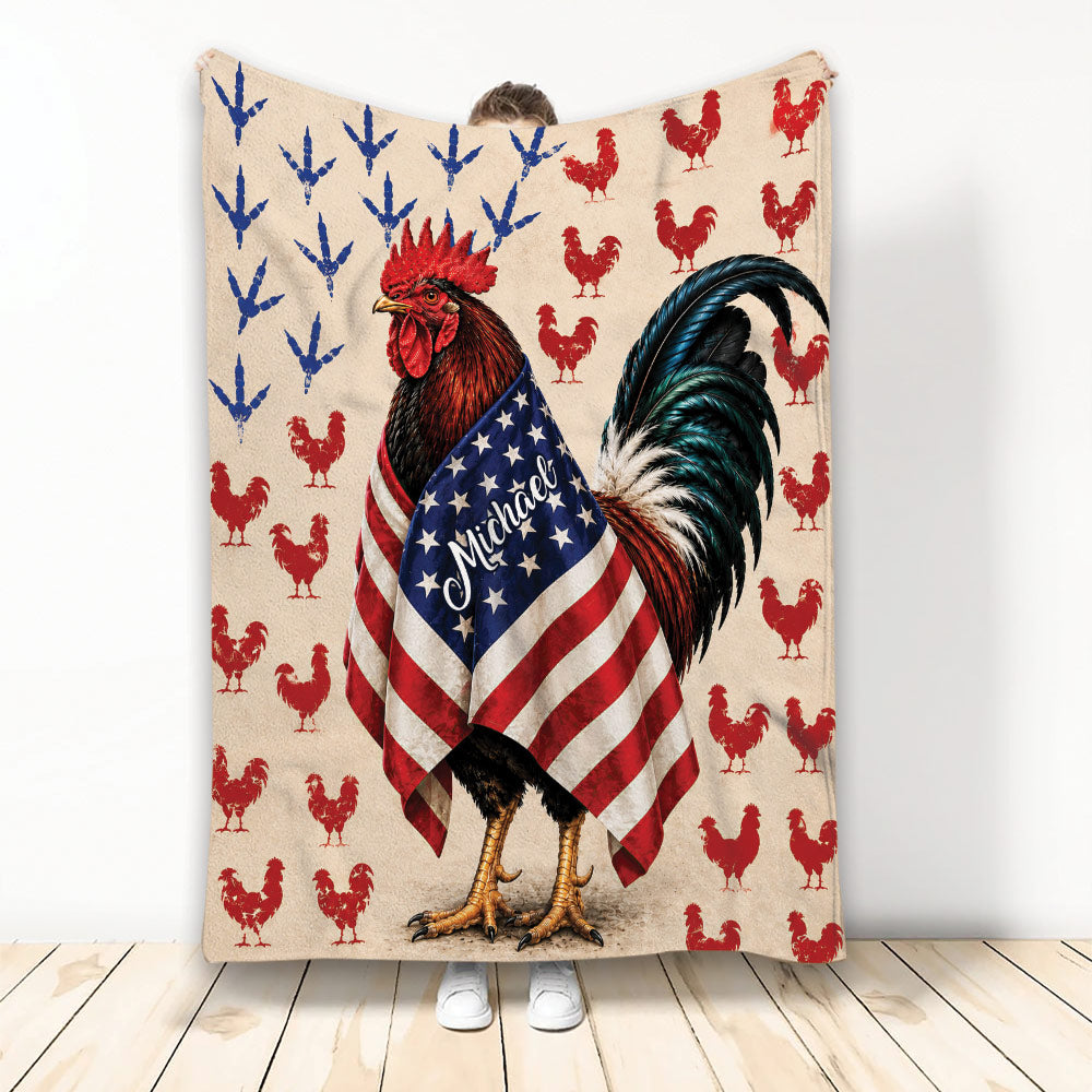 Chicken throw blanket featuring a detailed rooster in patriotic red, white and blue artwork