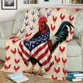 Patriotic rooster throw blanket displayed on a sofa with repeating chicken patterns