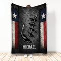 Fishing throw blanket with a large hook and lure design, dark textured artwork, and patriotic red, white, and blue accents