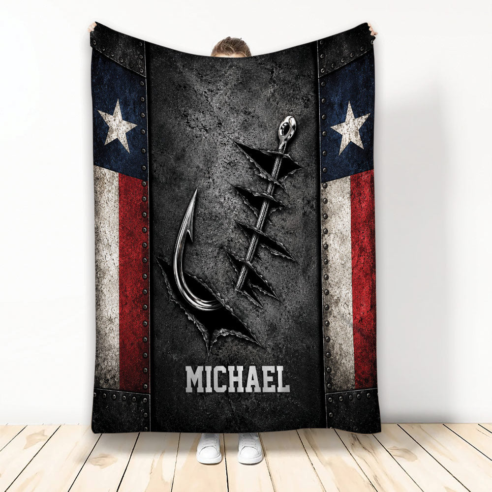 Fishing throw blanket with a large hook and lure design, dark textured artwork, and patriotic red, white, and blue accents