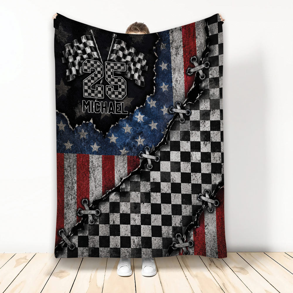 Racing throw blanket with checkered flags, distressed patriotic colors, and dramatic lace-up graphic