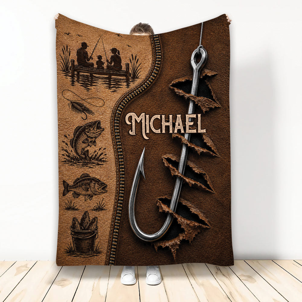 Fishing blanket with anglers, fish, fishing hooks and rustic brown outdoor artwork