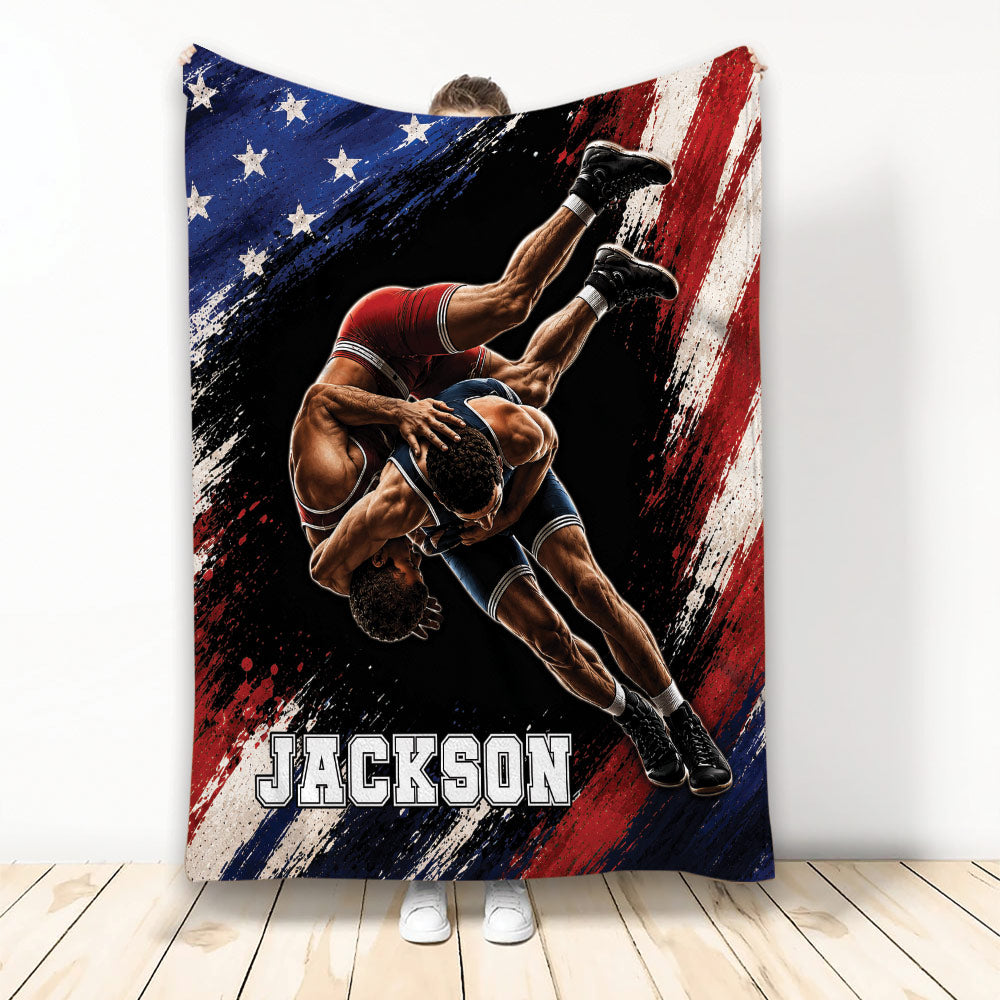 Wrestling throw blanket featuring two wrestlers grappling over bold red, white, blue, and black artwork