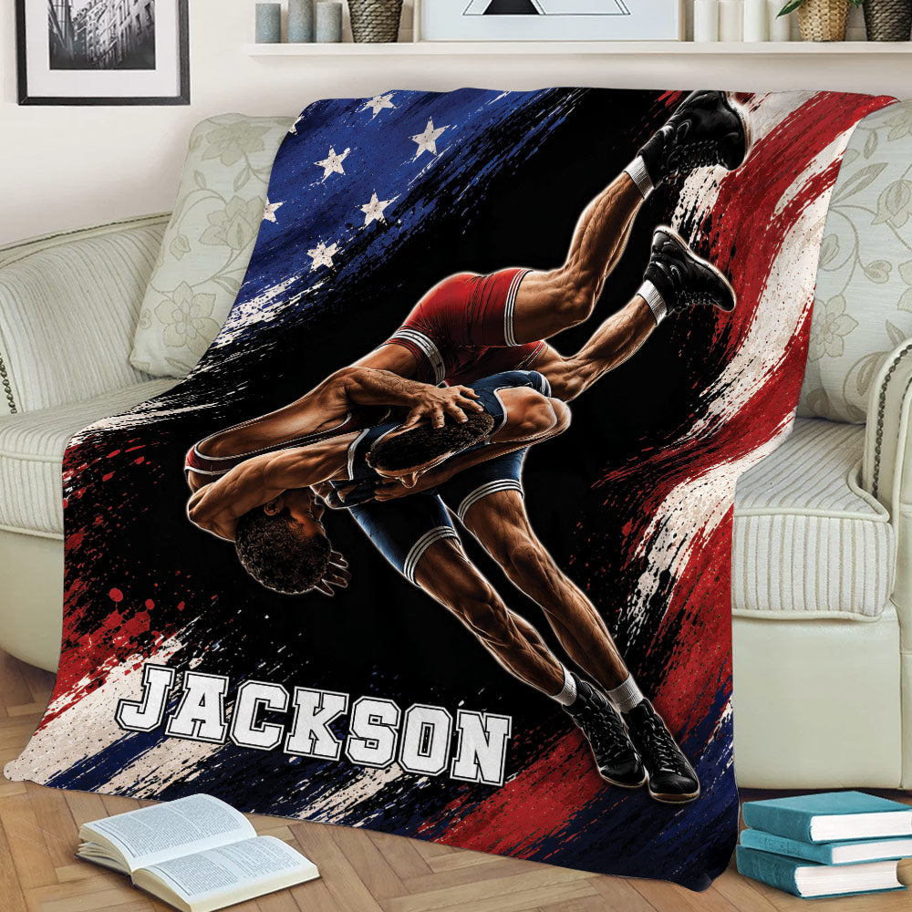 Wrestling throw blanket displayed on a sofa with powerful athlete artwork and red, white, and blue accents
